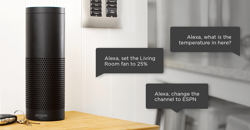 The image shows an Amazon Echo smart speaker on a wooden table, with speech bubbles illustrating voice commands to control temperature, fan speed, and television channel.