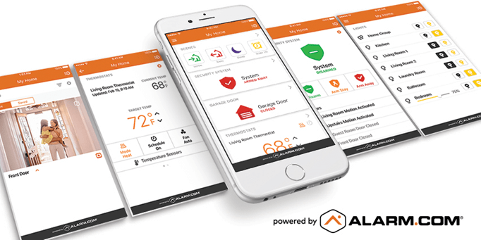 The image shows a white smartphone displaying a smart home security app interface with multiple control panels for temperature, security, and home automation, branded by Alarm.com.