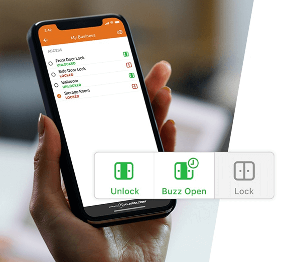 A person is holding a smartphone showing a smart lock control app interface with options to unlock, buzz open, or lock doors remotely.