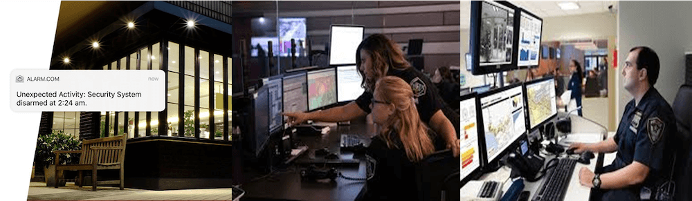 A triptych showing a security theme: a well-lit building at night, a person urgently working on multiple monitors, and a security officer monitoring screens attentively.