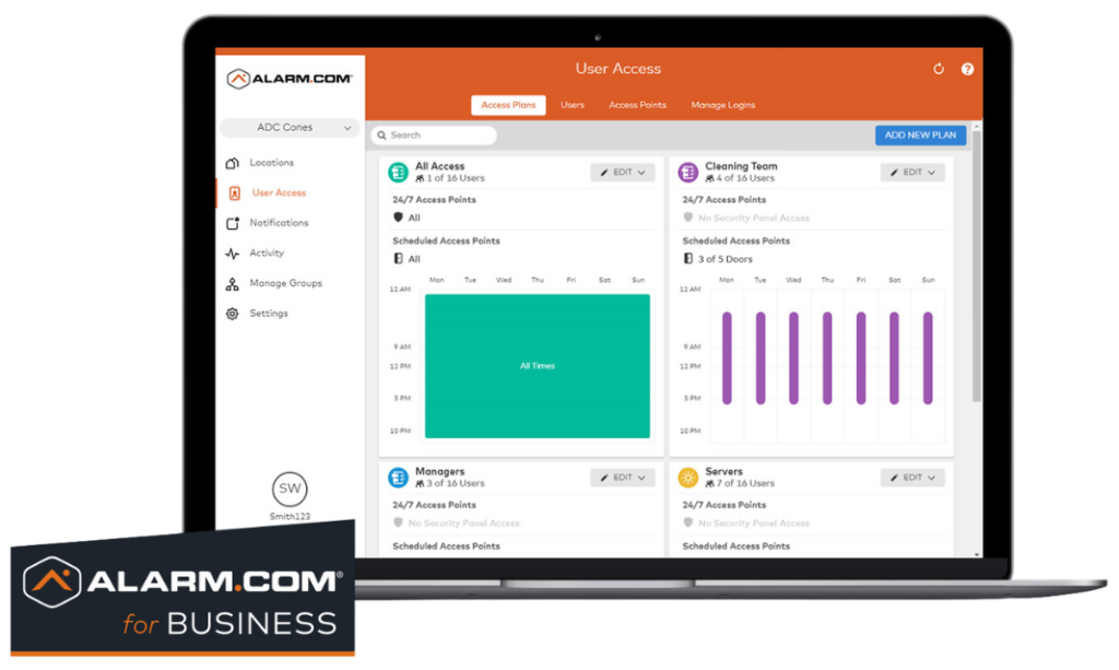 A laptop displaying a user access dashboard from Alarm.com for Business with graphics showing access control data, set against a white background.