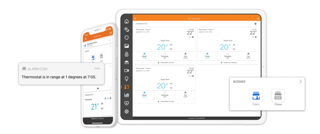 The image displays a collection of devices — a smartphone, tablet, and credit card-sized gadget — all showing a smart home interface for controlling a thermostat.