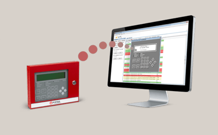 The image shows a red device connecting to a computer monitor via dotted lines, symbolizing data transmission or syncing between the two pieces of technology.