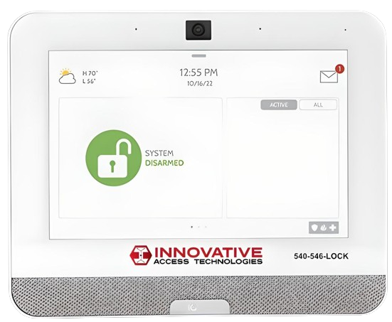 This is an image of a modern home security system control panel with a touchscreen interface indicating that the system is disarmed. The panel is imprinted with the Innovative Access Technologies log and the phone number.